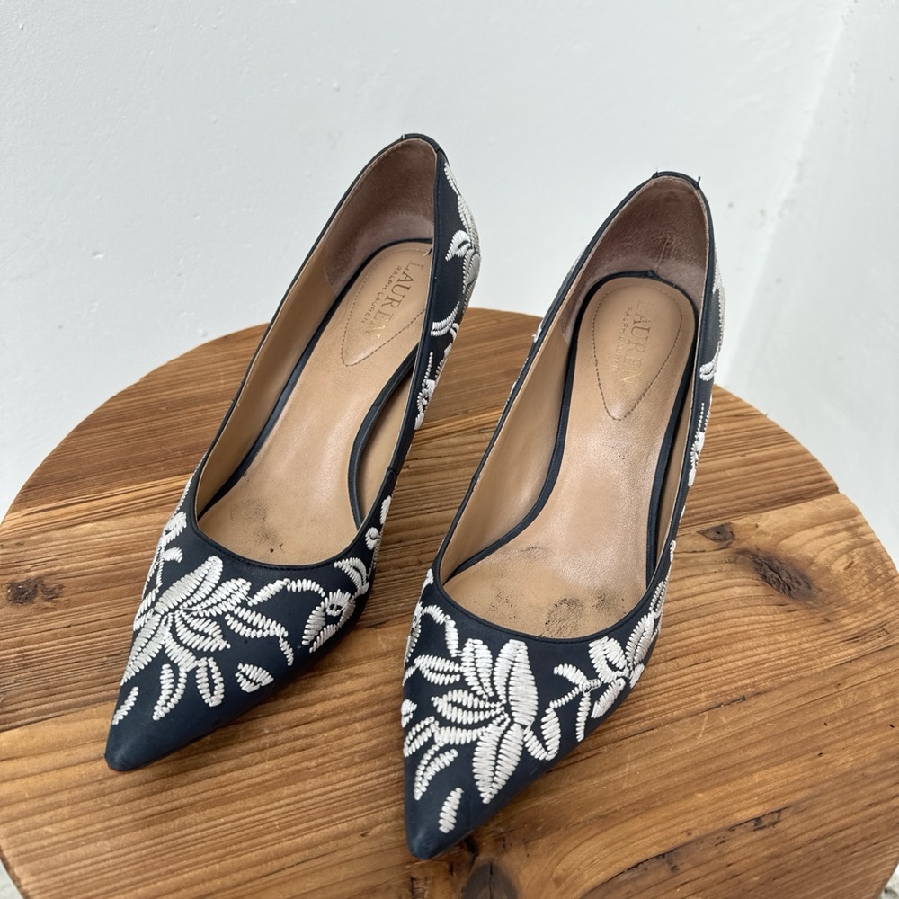 Lauren Ralph Lauren Navy Blue and White Floral Heels